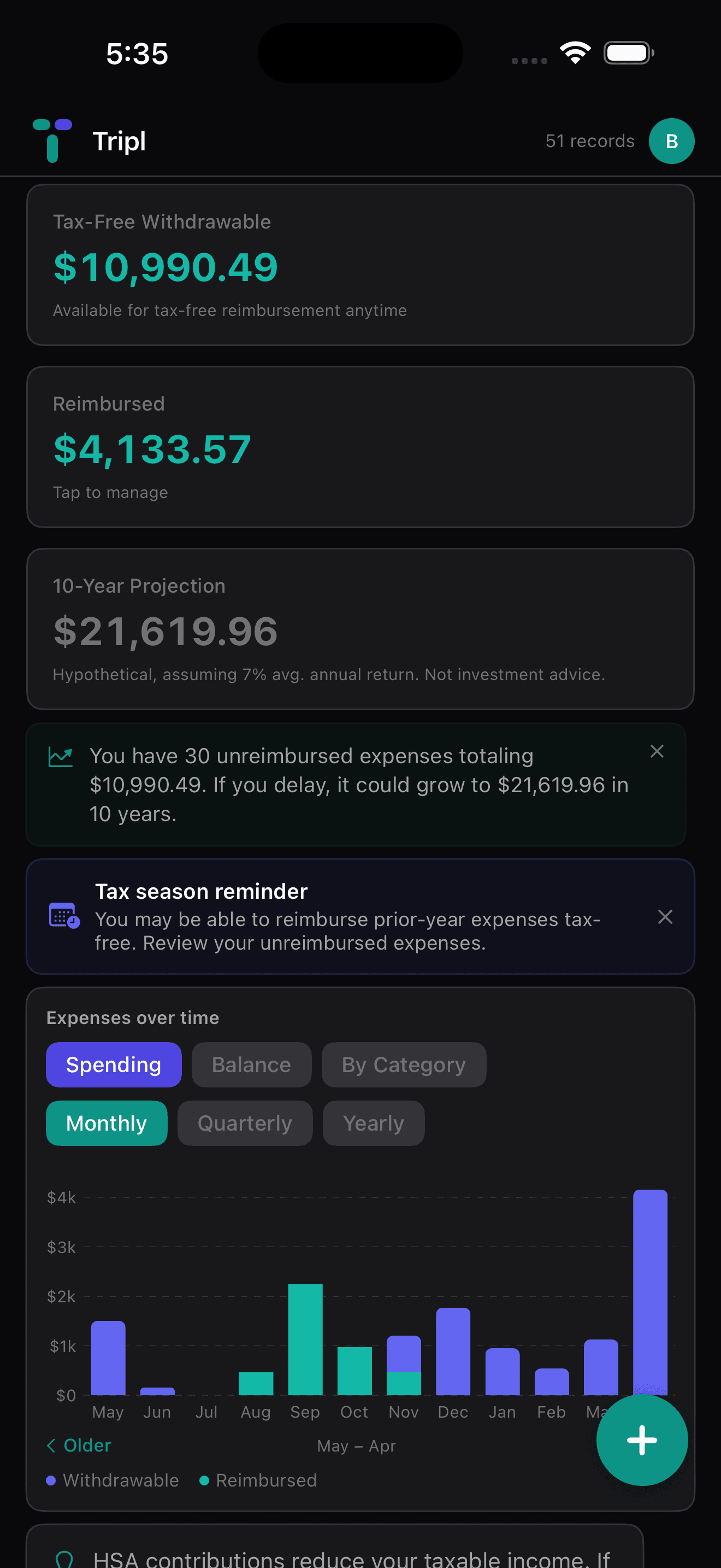 Tripl iOS app dashboard showing Tax-Free Withdrawable, Reimbursed, and 10-Year Projection cards